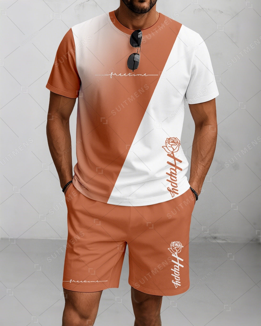 Men's Summer Colorblock Printed Round Neck Suit 073