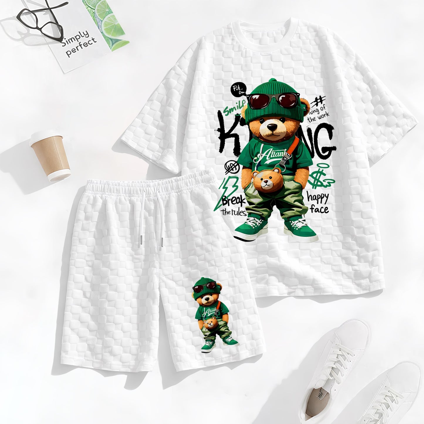 Men's Bear Graphic Print Spring And Summer Drawstring Shorts Set, A Casual Summer Outfit, Including A Short-Sleeved Shirt And Shorts, Suitable For Everyday Wear And Sports Activities.