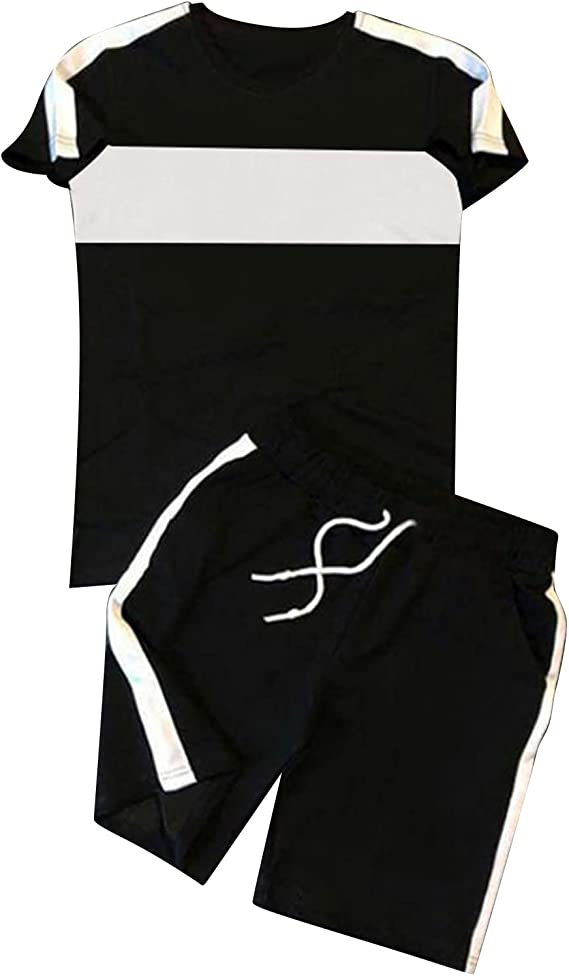 Suitmens Men's Simple Colorblock Print Shorts Set 075
