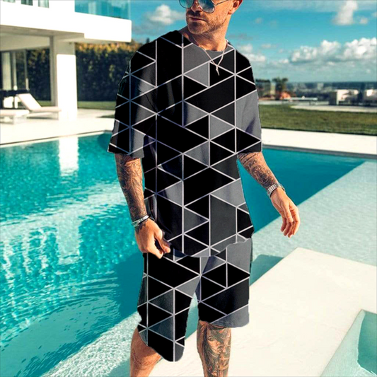 Men's casual color matching printed shorts set 413