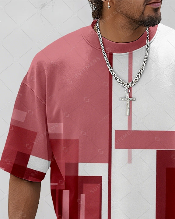 Men's Summer Colorblock Printed Round Neck Suit 085