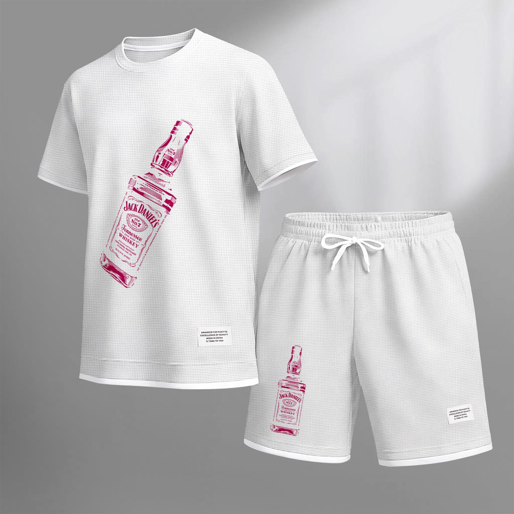Men's Beer And Beverage Printed Drawstring Shorts Set, Suitable For Spring And Summer Wear, Casual Summer Set, Including Short-Sleeved Shirt And Shorts, Suitable For Everyday Wear And Sports 07
