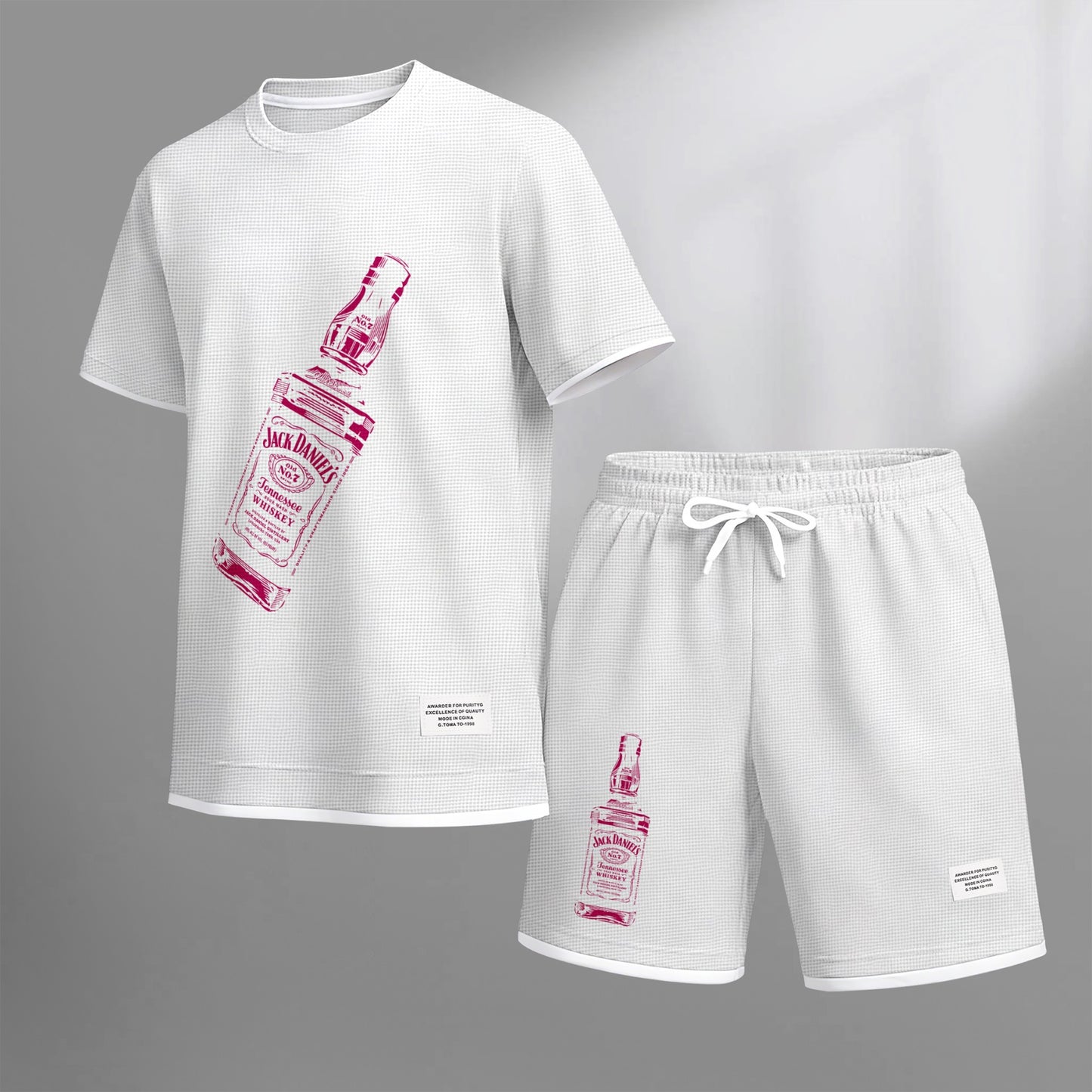 Men's Beer And Beverage Printed Drawstring Shorts Set, Suitable For Spring And Summer Wear, Casual Summer Set, Including Short-Sleeved Shirt And Shorts, Suitable For Everyday Wear And Sports 07
