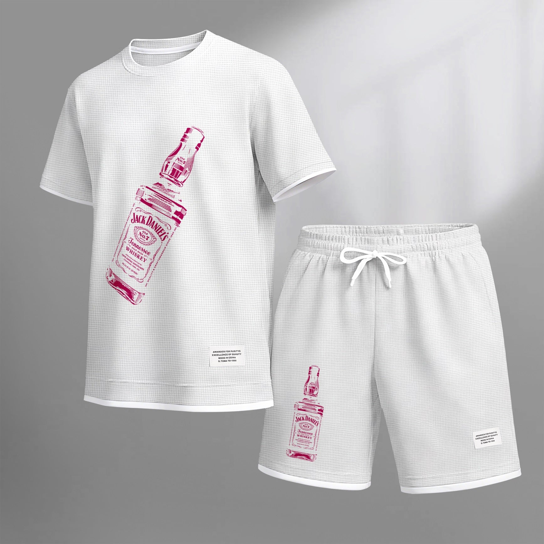 Men's Beer And Beverage Printed Drawstring Shorts Set, Suitable For Spring And Summer Wear, Casual Summer Set, Including Short-Sleeved Shirt And Shorts, Suitable For Everyday Wear And Sports 07
