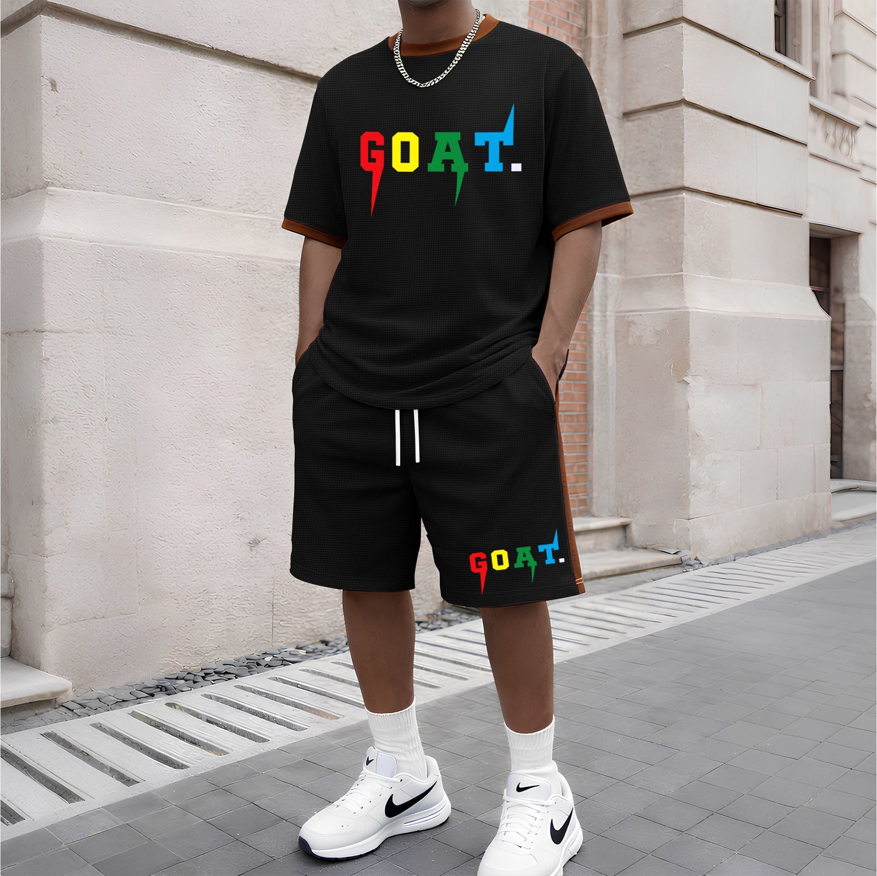 Men's Goat Pattern Short-Sleeved T-Shirt And Drawstring Shorts Set, Men's Clothing, Casual Sports Short-Sleeved Top And Shorts, Summer Men's Everyday Wear, Indoor And Outdoor Sportswear, Sports Set.