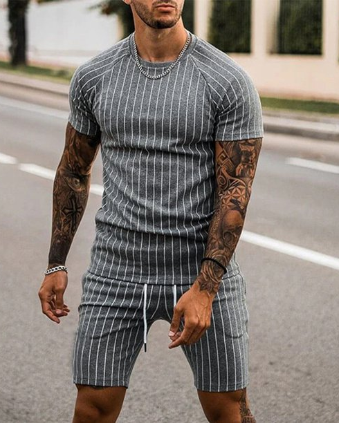 Men's vertical stripe short sleeve two piece suit