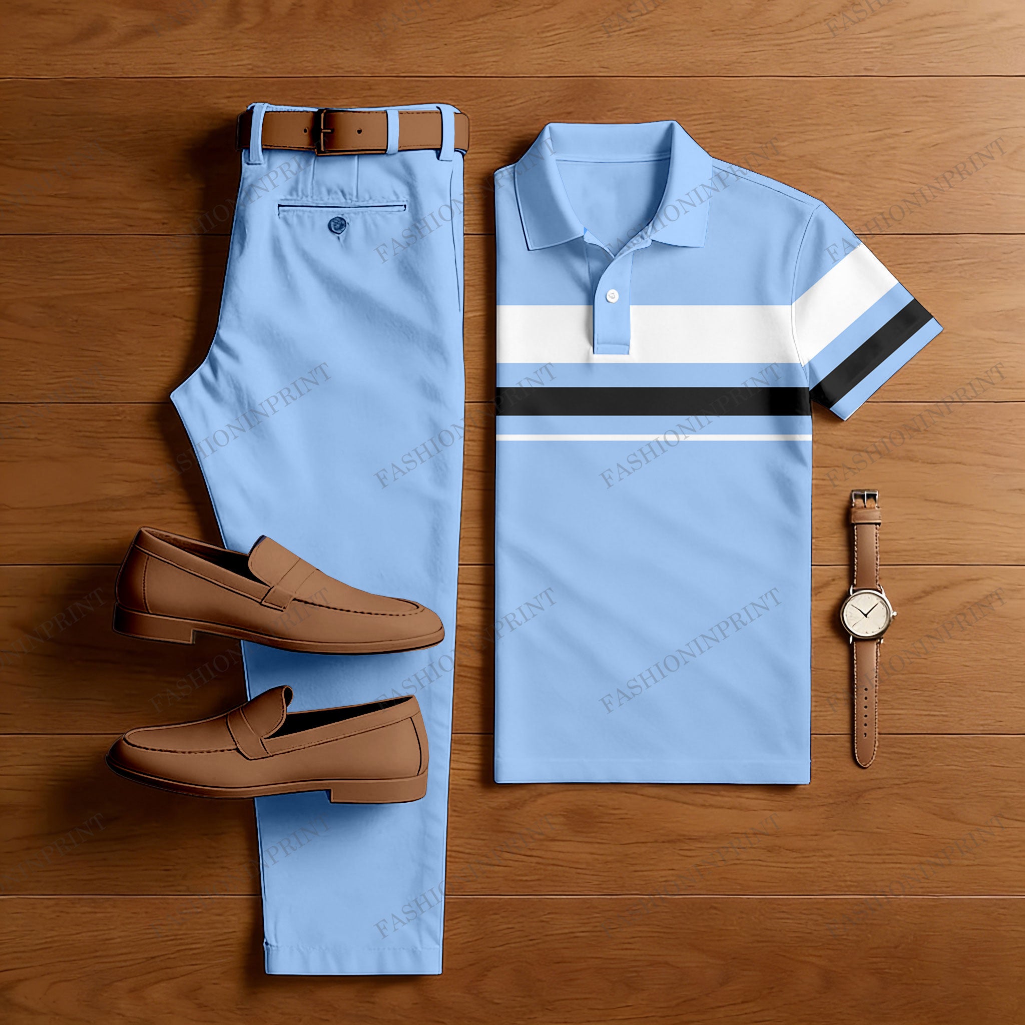 Men's Casual Blue Color Matching Striped Printed Short Sleeved Polo Shirt & Trousers Two-Piece Set