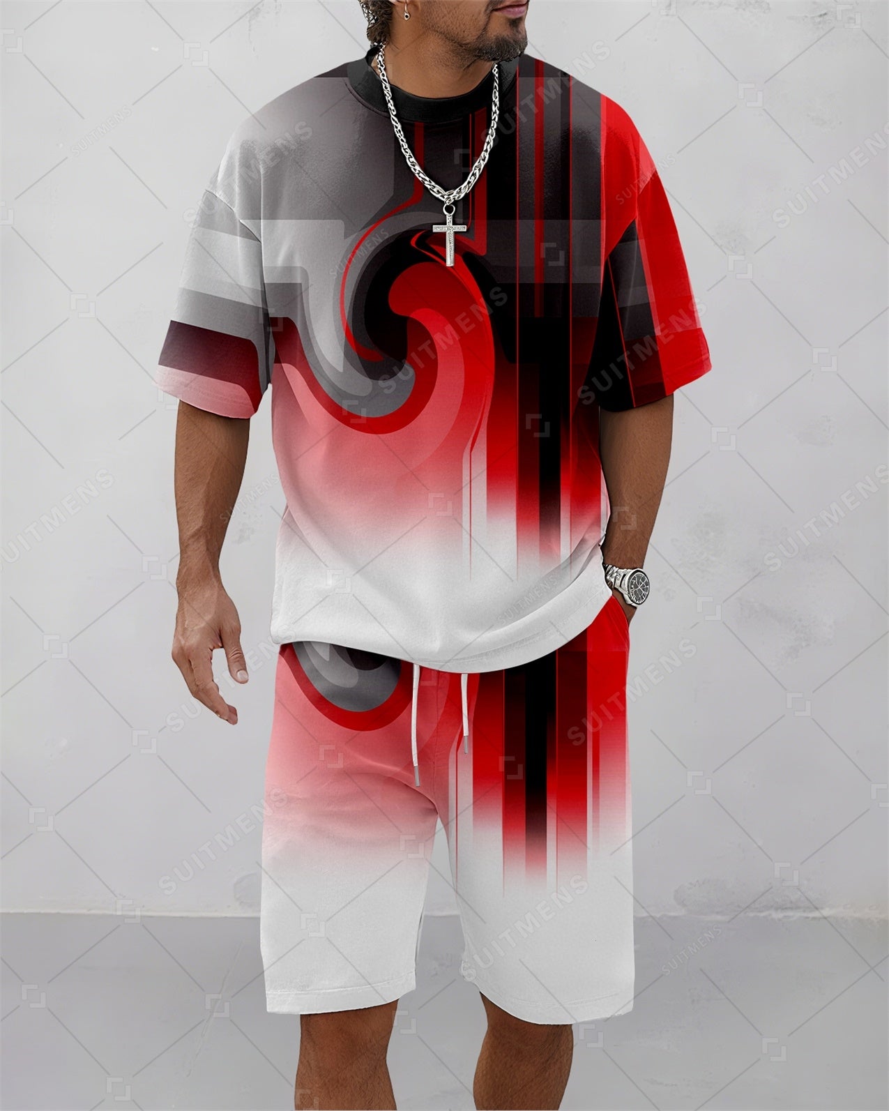 Men's Summer Colorblock Printed Round Neck Suit 080
