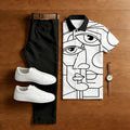 Men's Casual White & Black sketches Printed Polo Shirt And Trousers Two-Piece Set