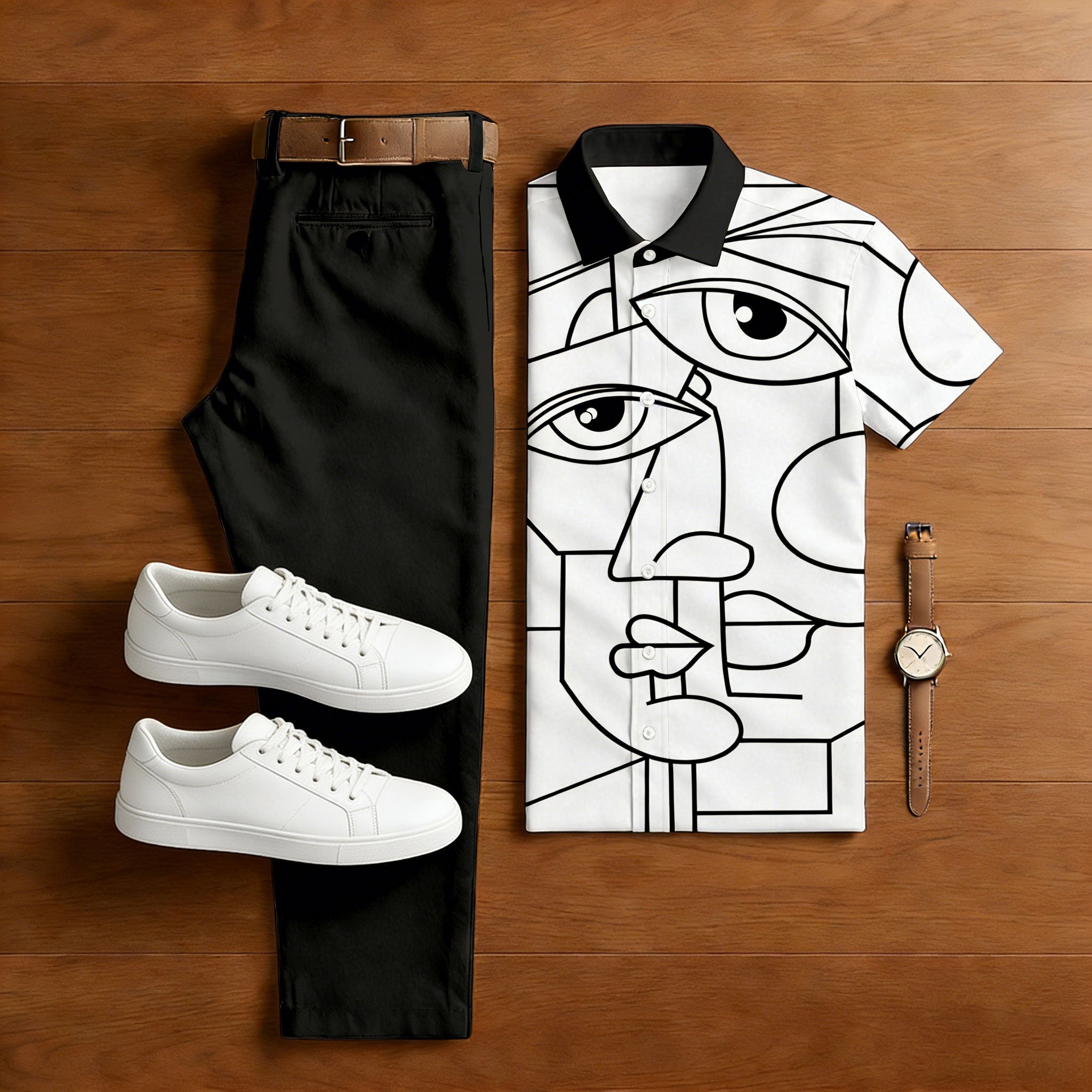 Men's Casual White & Black sketches Printed Polo Shirt And Trousers Two-Piece Set