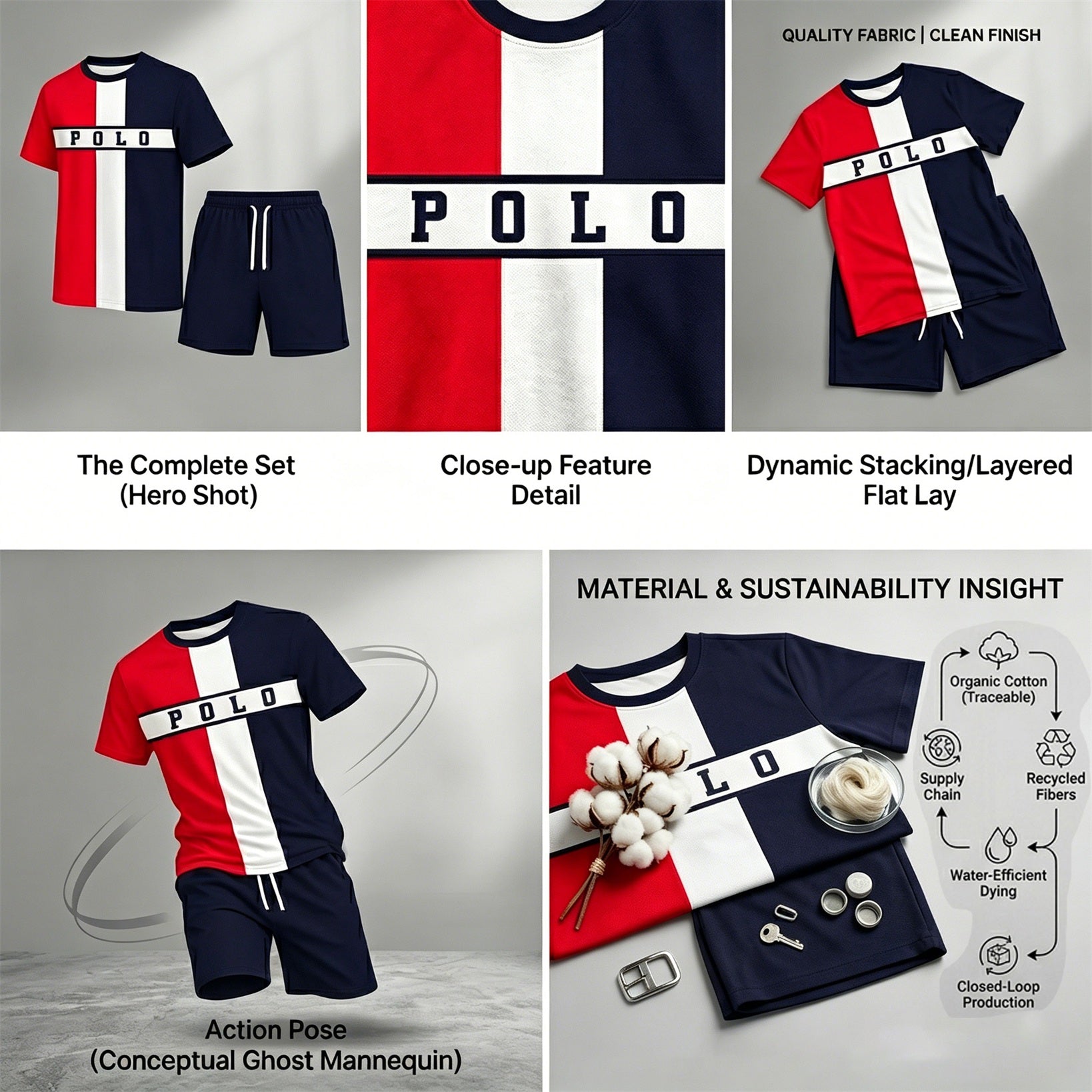 Men’s Casual Short Sleeve T Shirt and Shorts Set, Red White Blue Color Block Summer 2 Piece Outfit, Soft Breathable Matching Set for Beach, Outdoor Activities, Travel, Workout, and Everyday Style