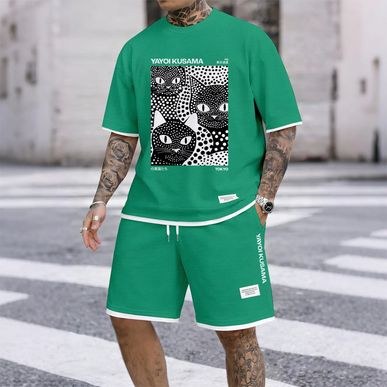 Men's Polka-Dot Black Cat Print Waffle Fabric Short-Sleeved Shirt And Shorts Set