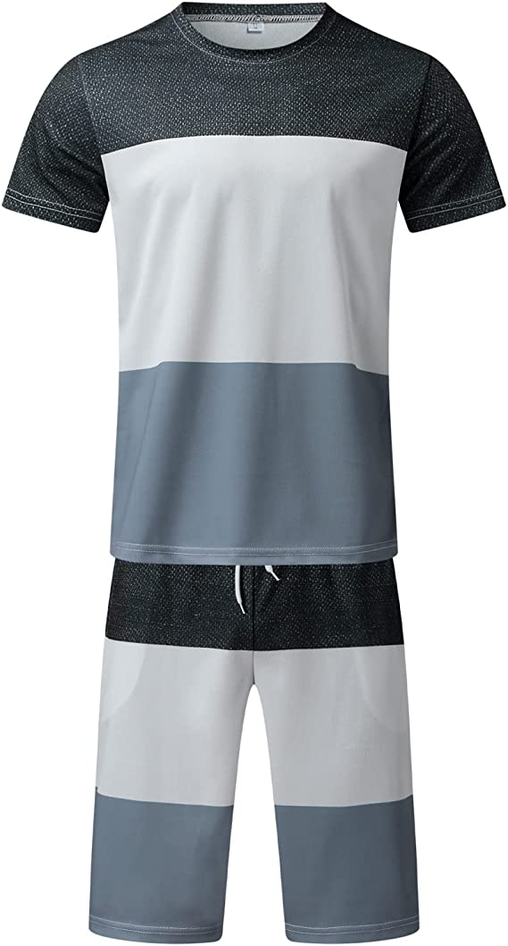 Suitmens Men's Simple Colorblock Print Shorts Set 080