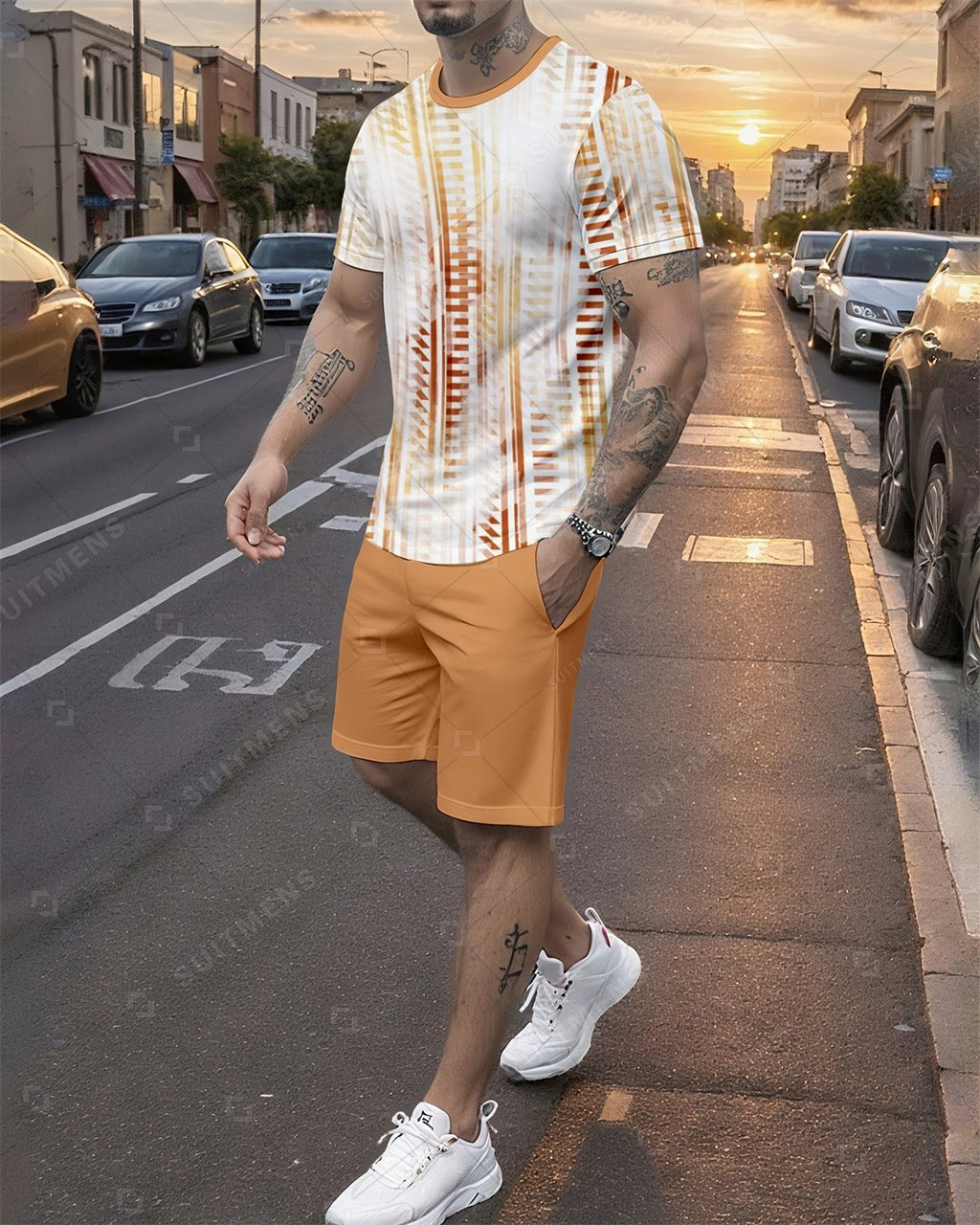 Men's Summer Colorblock Printed Round Neck Set 760