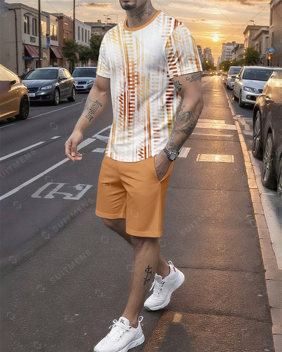 Men's Summer Colorblock Printed Round Neck Set 760