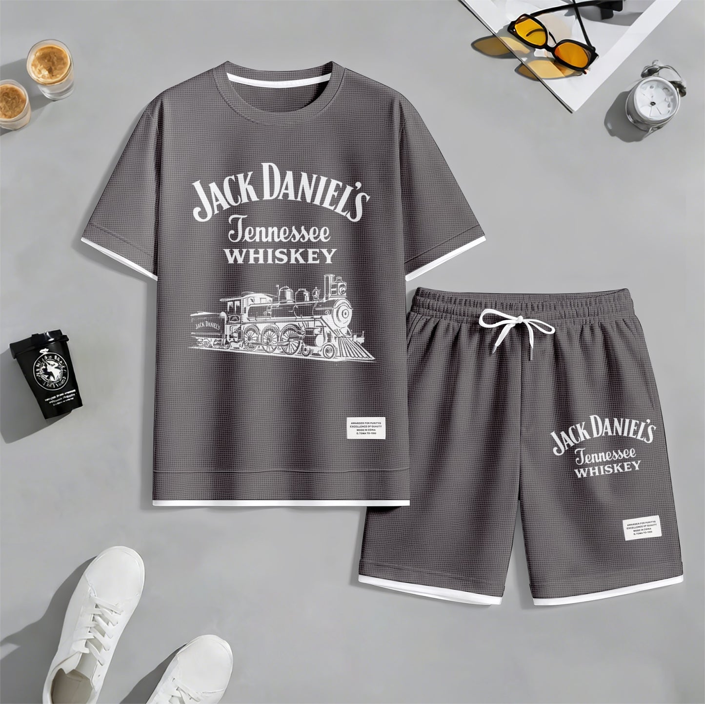 Men's Beer Print Drawstring Shorts Set, Suitable For Spring And Summer Wear, Casual Summer Set, Including Short-Sleeved Shirt And Shorts, Suitable For Everyday Wear And Sports.