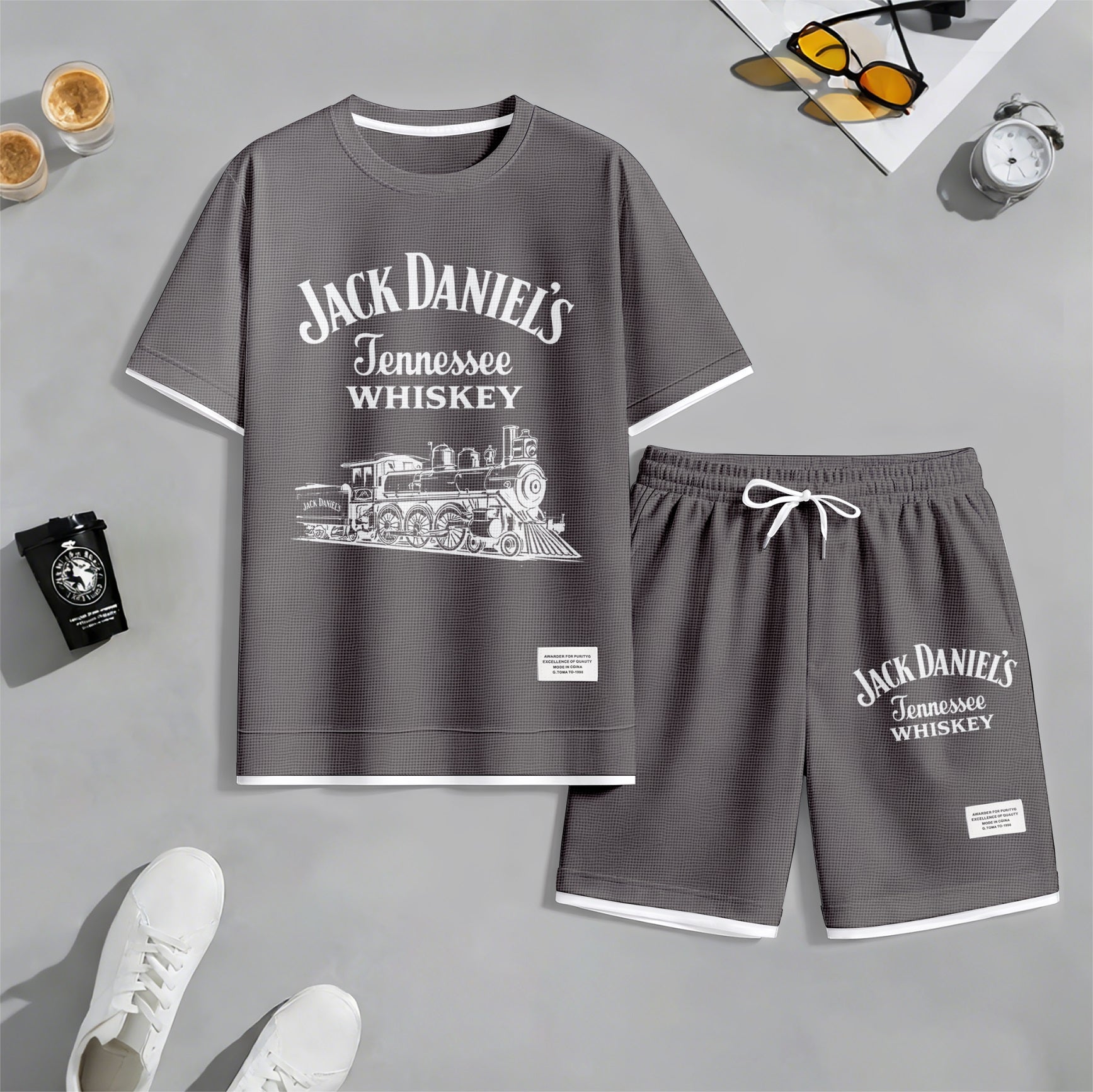 Men's Beer Print Drawstring Shorts Set, Suitable For Spring And Summer Wear, Casual Summer Set, Including Short-Sleeved Shirt And Shorts, Suitable For Everyday Wear And Sports.