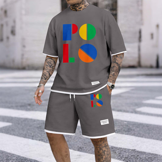 Men's Color Polo Print Drawstring Shorts Set For Spring/Summer. A Casual Summer Outfit, Including A Short-Sleeved Shirt And Shorts, Suitable For Everyday Wear And Sports. A Two-Piece Set For A Relaxed And Energetic Lifestyle.