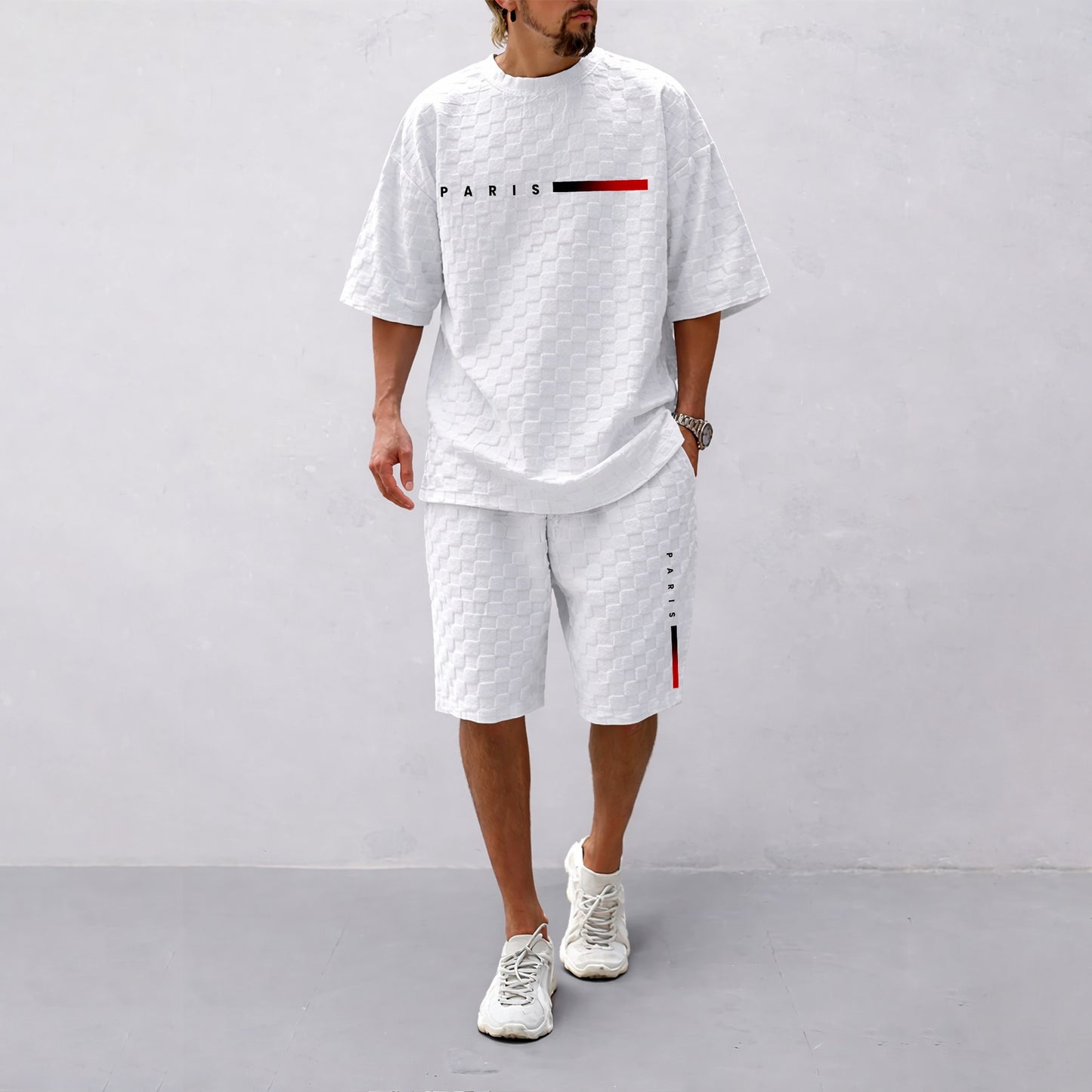 Men's Spring and Summer 'PARIS' Letter Print with Red and Black Line Checkered Fabric Drawstring Shorts Set, Casual Summer Outfit with Short-Sleeved Shirt and Shorts, Ideal for Everyday Wear and Sports Activities
