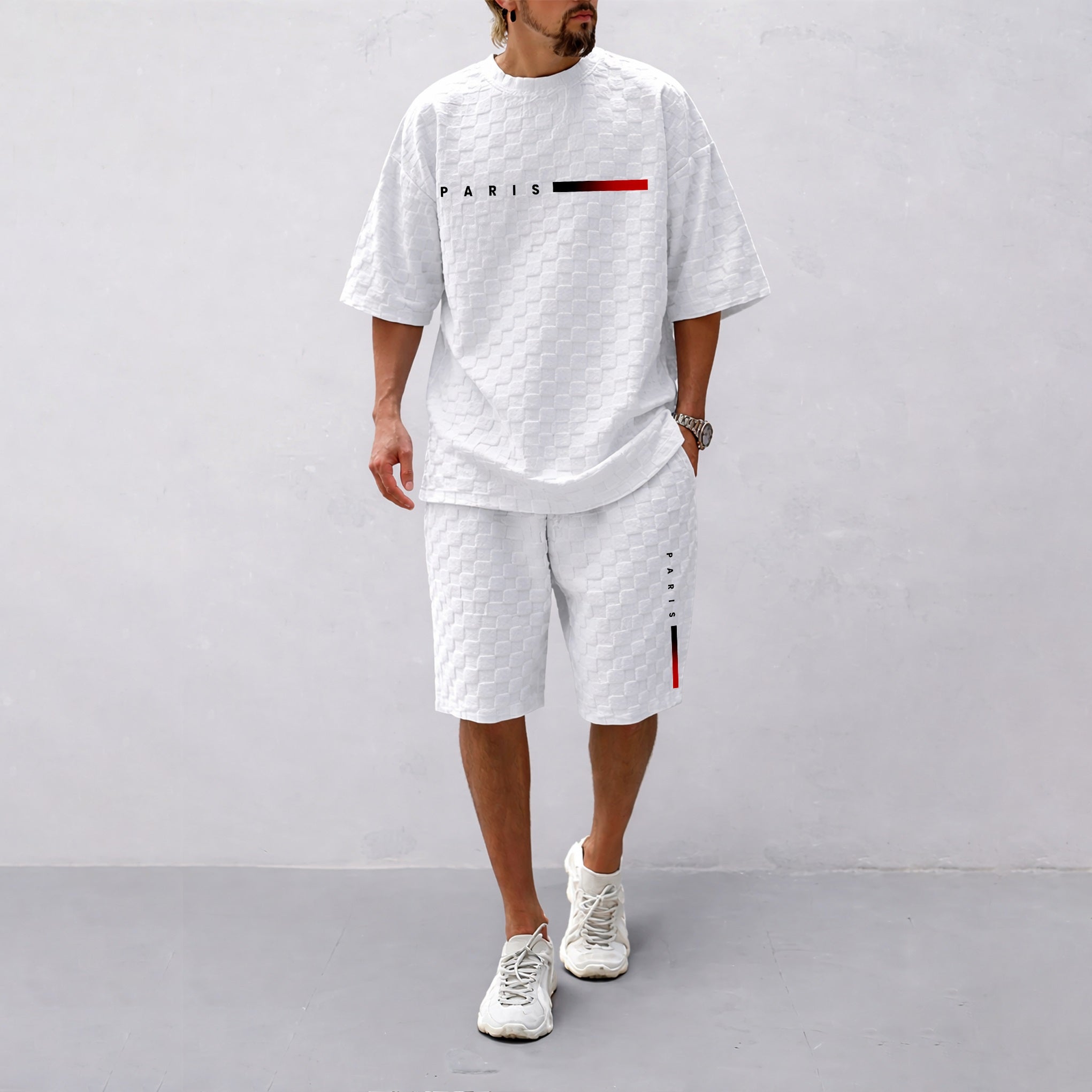 Men's Spring and Summer 'PARIS' Letter Print with Red and Black Line Checkered Fabric Drawstring Shorts Set, Casual Summer Outfit with Short-Sleeved Shirt and Shorts, Ideal for Everyday Wear and Sports Activities