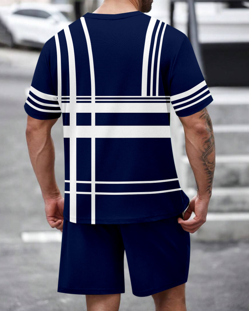 Men's Summer Colorblock Printed Round Neck Set 466