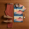 Men's Casual Pink Geometric Print Short-Sleeved Shirt And Trousers Two-Piece Set