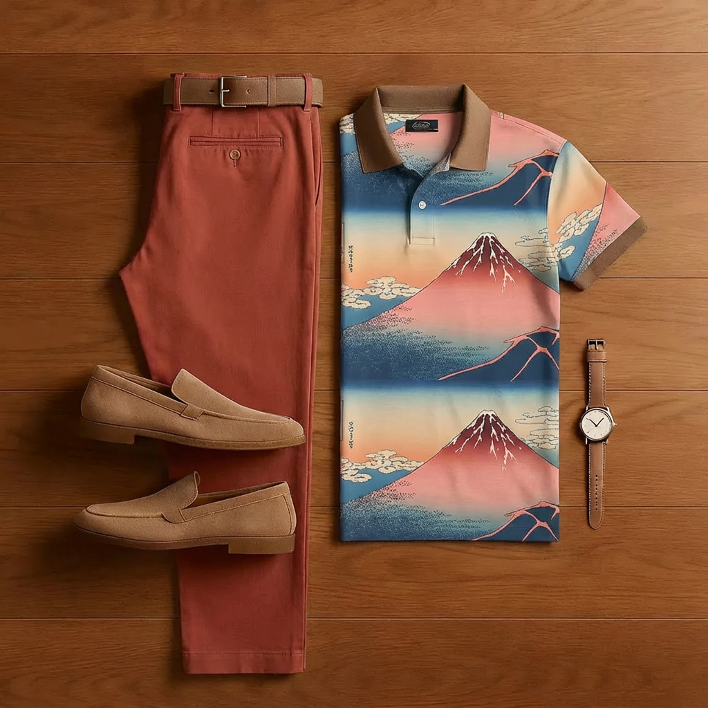 Men's Casual Pink Geometric Print Short-Sleeved Shirt And Trousers Two-Piece Set