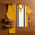 Men's Casual Orange Stripes Printed Polo Shirt And Pants Two-Piece Set