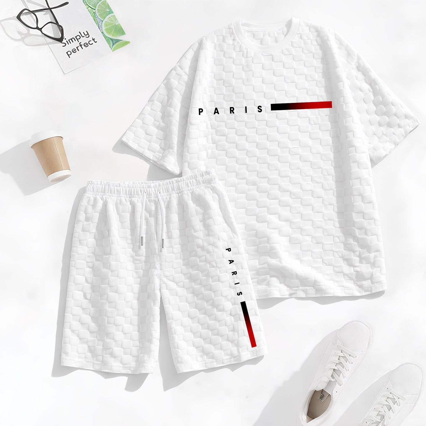 Men's Spring and Summer 'PARIS' Letter Print with Red and Black Line Checkered Fabric Drawstring Shorts Set, Casual Summer Outfit with Short-Sleeved Shirt and Shorts, Ideal for Everyday Wear and Sports Activities