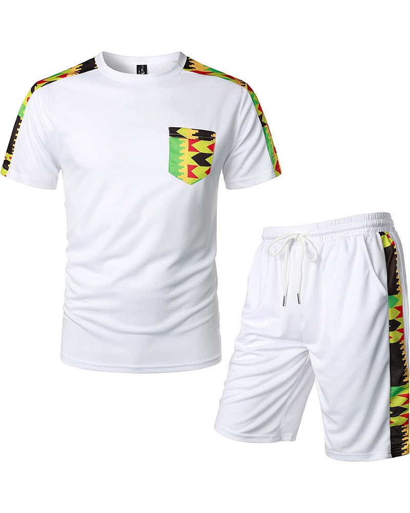 Men's Printed Colorblock T-Shirt and Shorts Set 006