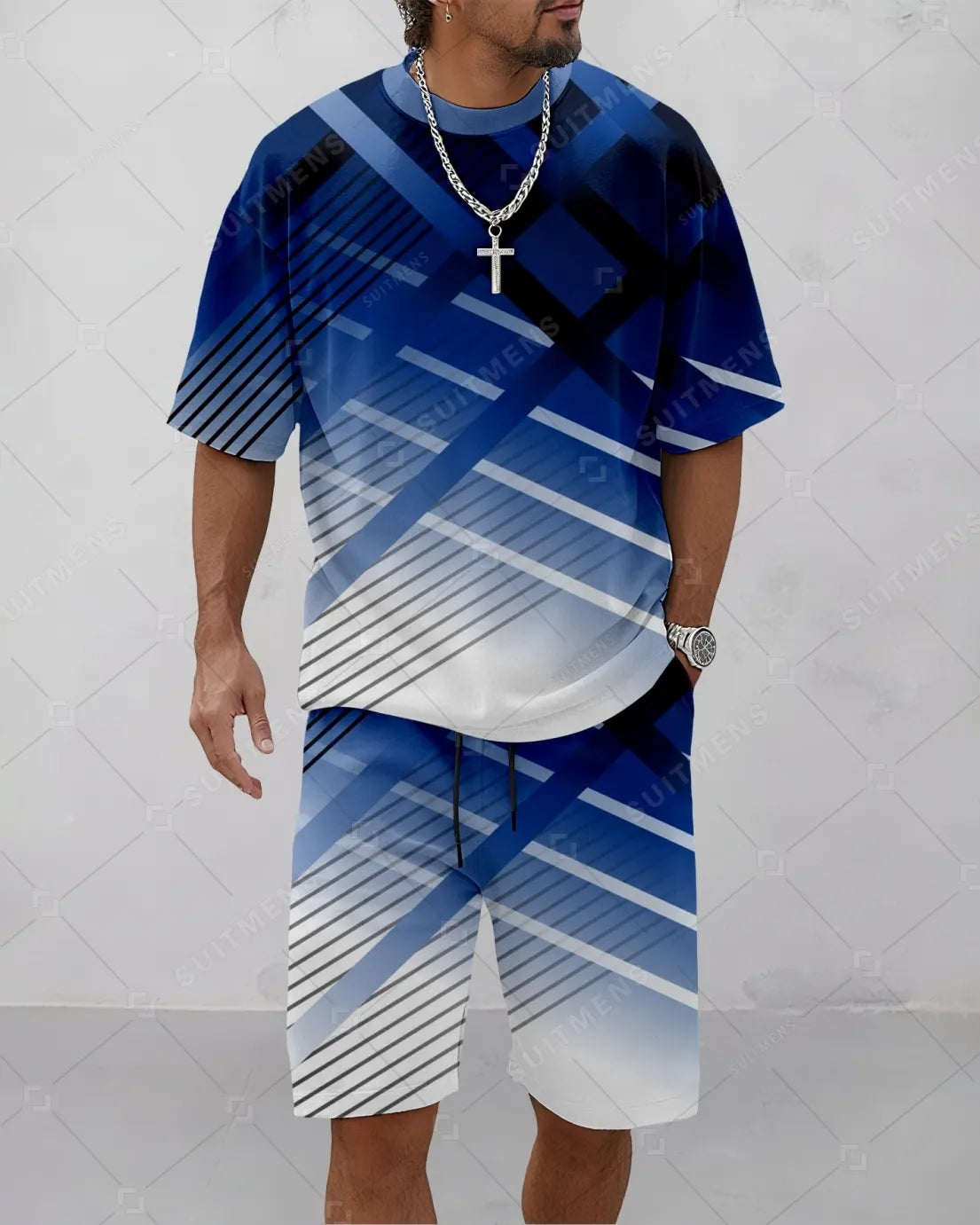 Men's Summer Colorblock Printed Round Neck Suit 070