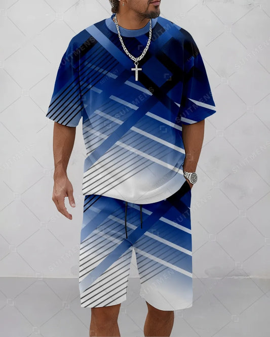 Men's Summer Colorblock Printed Round Neck Suit 070