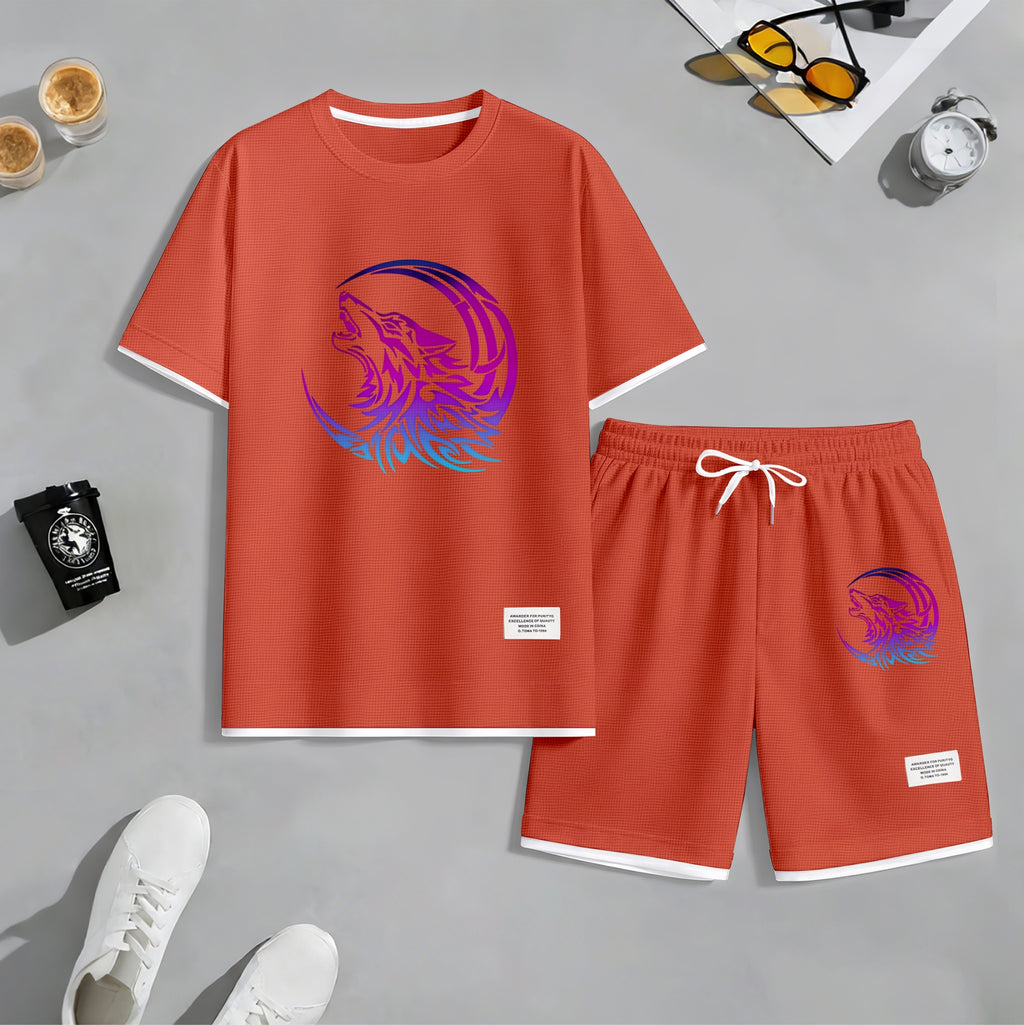 Men's Gradient Wolf & Moon Graphic Print Waffle Short Sleeve T-Shirt & Shorts Set, Summer Lightweight Sporty Casual Two-Piece Outfit, Streetwear for Gym & Daily Wear