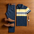 Men's Casual Dark Blue Geometric Printed Polo Shirt And Pants Two-Piece Set