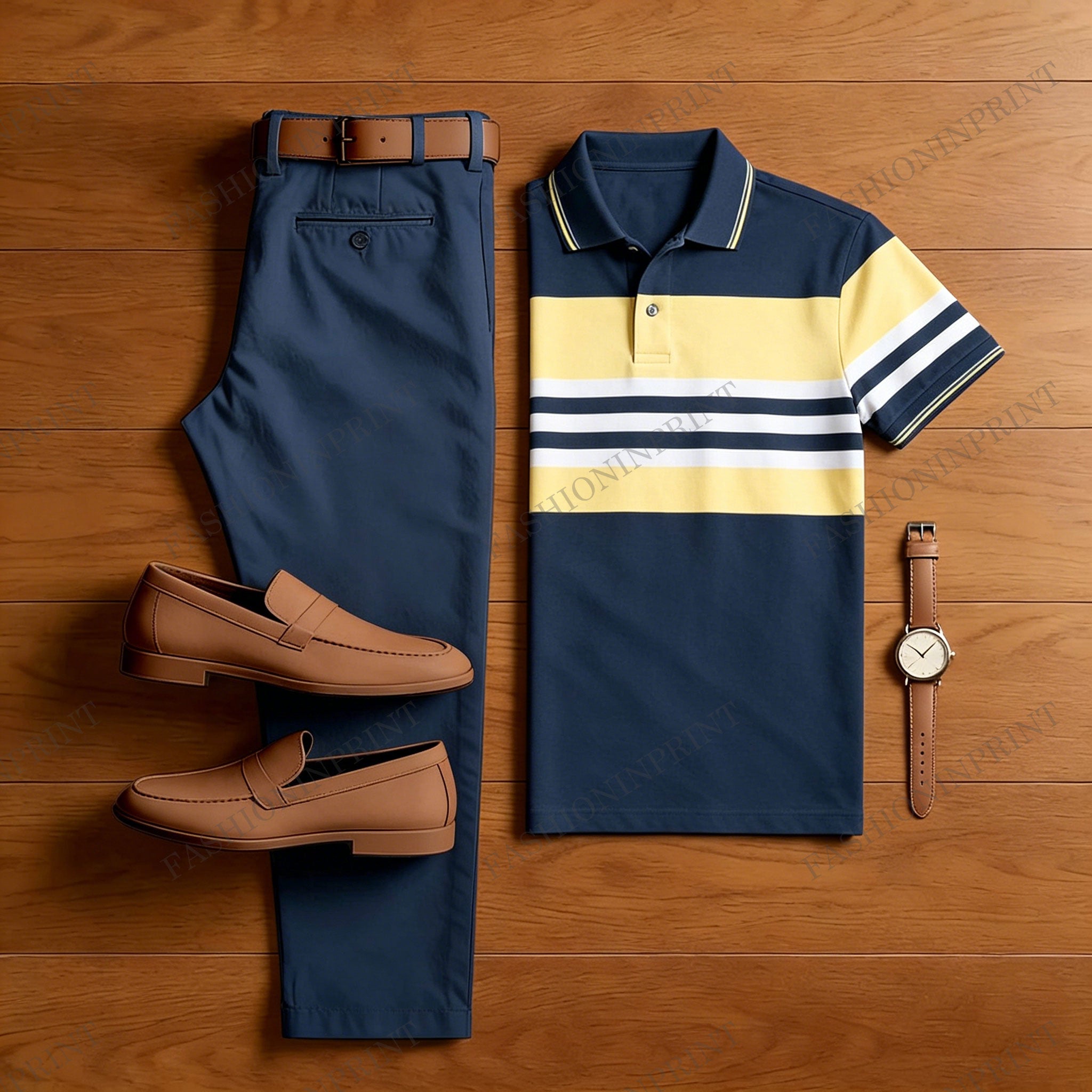 Men's Casual Dark Blue Geometric Printed Polo Shirt And Pants Two-Piece Set
