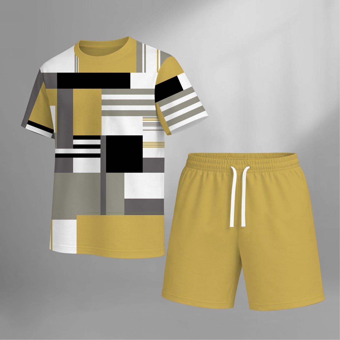 Men’s Casual Graphic T Shirt and Shorts Set, Geometric Pattern Summer 2 Piece Outfit, Soft Breathable Matching Set with Drawstring Shorts for Beach, Outdoor Activities, Travel, Workout, and Everyday Style