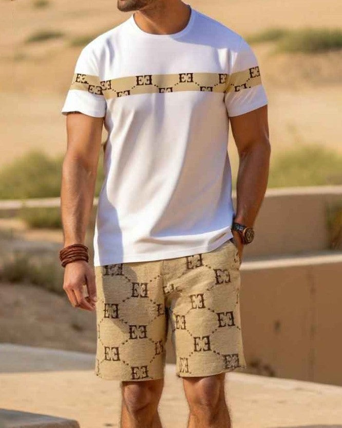 Men's Summer Colorblock Printed Round Neck Set 411