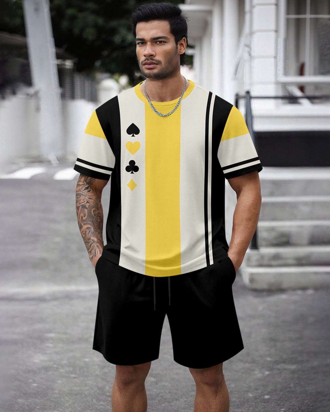 Men's Summer Colorblock Printed Round Neck Set 474