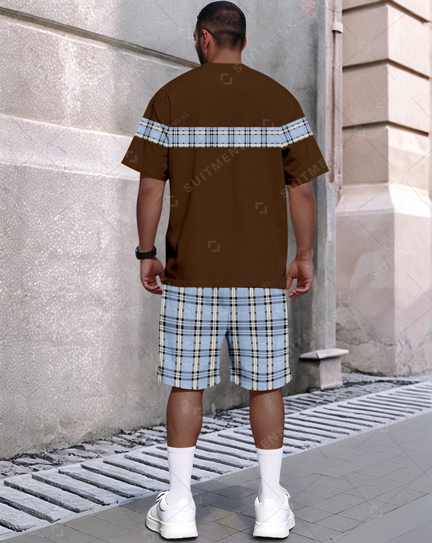 Men's Summer Colorblock Plaid Print Round Neck Set 479