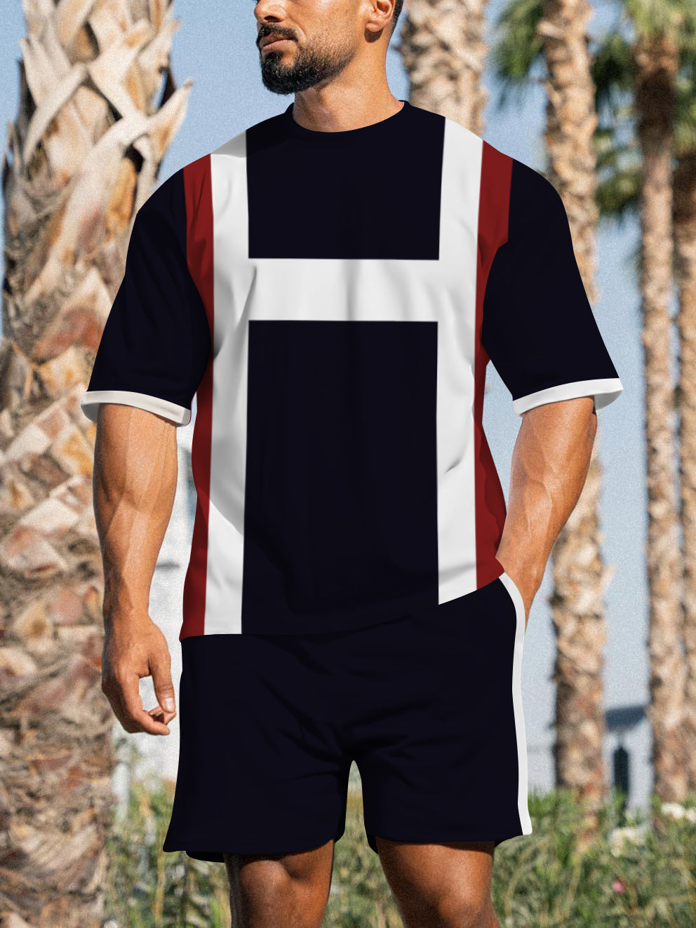 Men's Casual Sports Street Simple Color Block Printed Shorts Suit 002