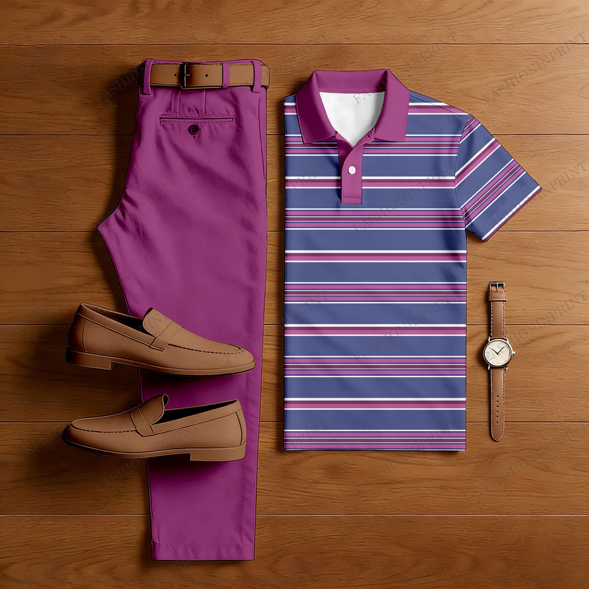 Men's Casual Purple & Navy Blue Color Matching Striped Printed Short Sleeved Polo Shirt & Trousers Two-Piece Set