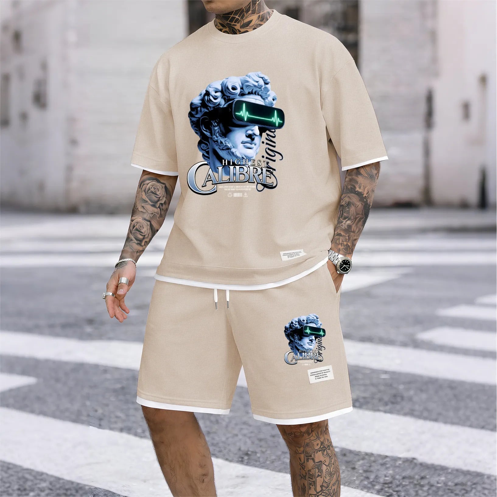 Men's Vintage Statue Graphic Print Short Sleeve Shirt and Drawstring Shorts Set, Casual Summer Two-Piece Outfit, Lightweight Breathable Relaxed Fit Sportswear for Daily Wear, Beach, Vacation, Travel, Loungewear