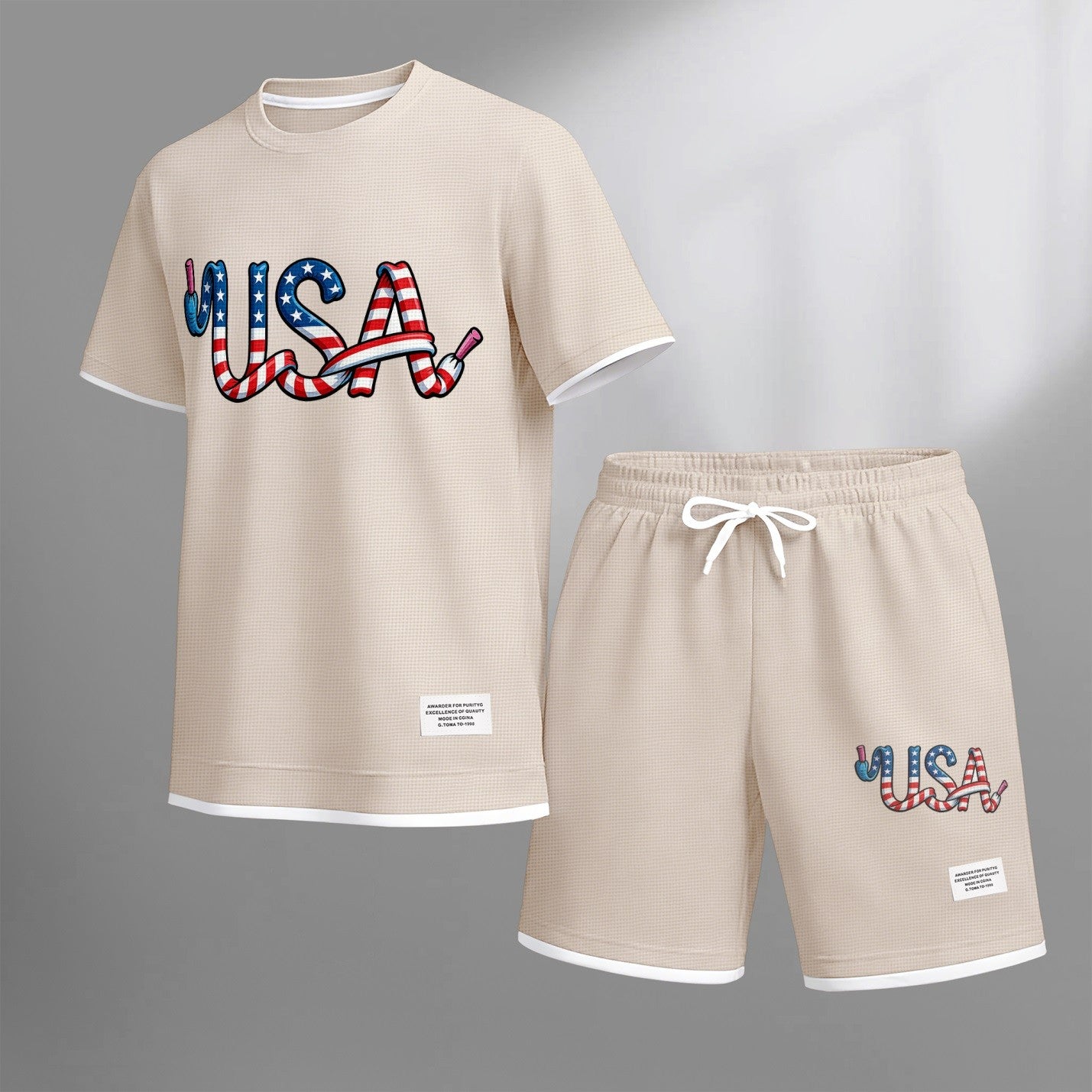 Men's USA print drawstring shorts set for spring/summer, a casual summer outfit including a short-sleeved shirt and shorts, suitable for everyday wear and sports. A two-piece set for a relaxed and energetic lifestyle.