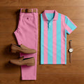 Men's Casual Pink & Blue Stripes Printed Polo Shirt And Pants Two-Piece Set