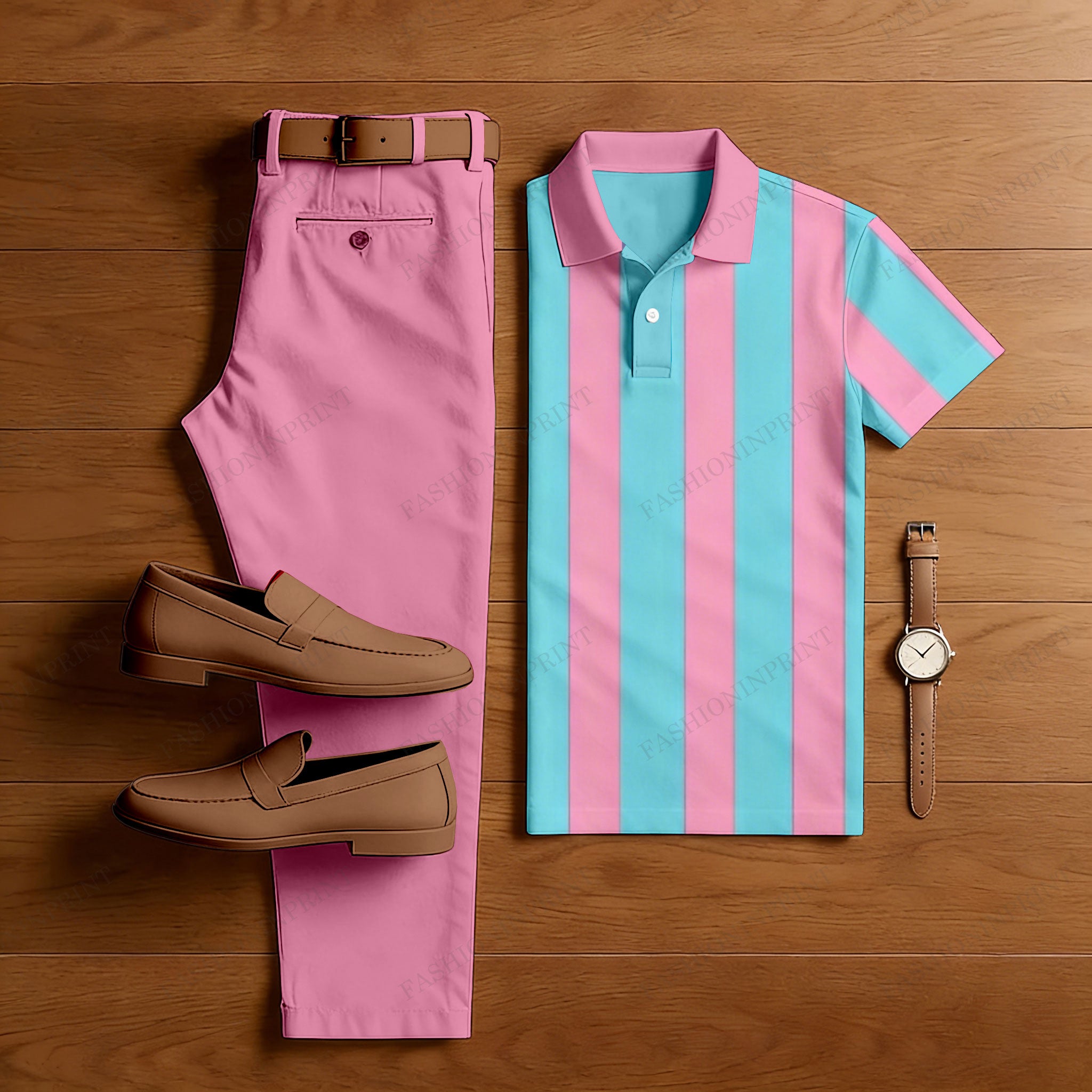 Men's Casual Pink & Blue Stripes Printed Polo Shirt And Pants Two-Piece Set