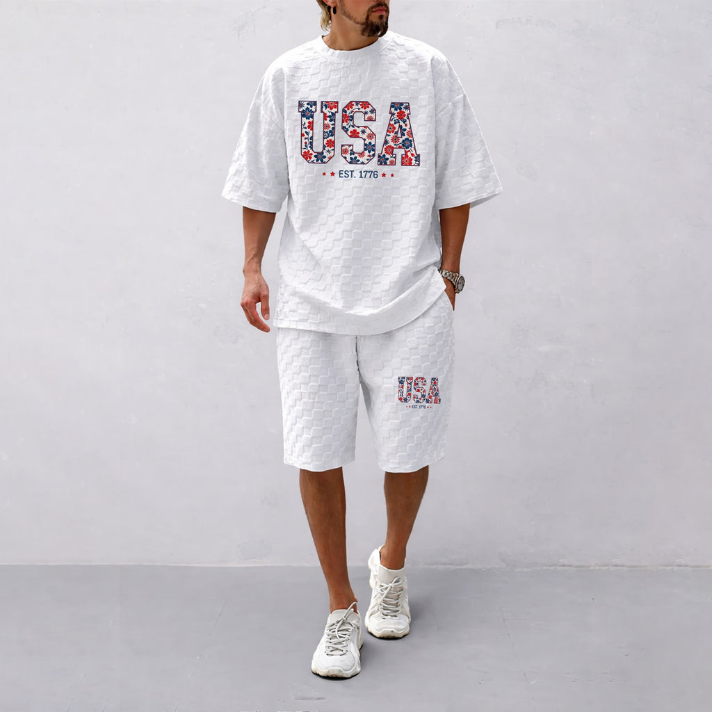 Men's Spring/Summer Drawstring Shorts Set featuring Beverage-Print Plaid Fabric—A casual summer ensemble comprising a short-sleeve shirt and shorts, ideal for both daily wear and athletic activities