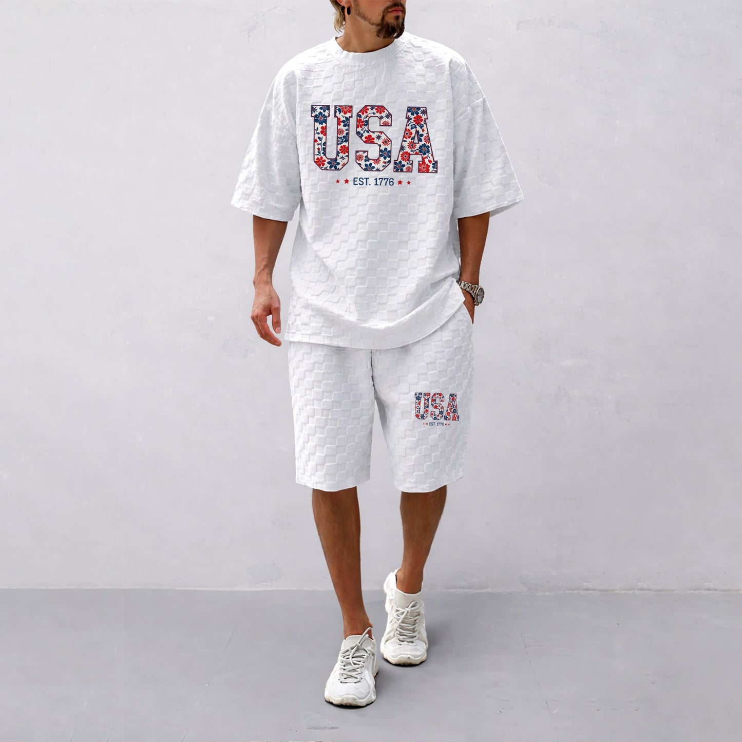 Men's Spring/Summer Drawstring Shorts Set featuring Beverage-Print Plaid Fabric—A casual summer ensemble comprising a short-sleeve shirt and shorts, ideal for both daily wear and athletic activities