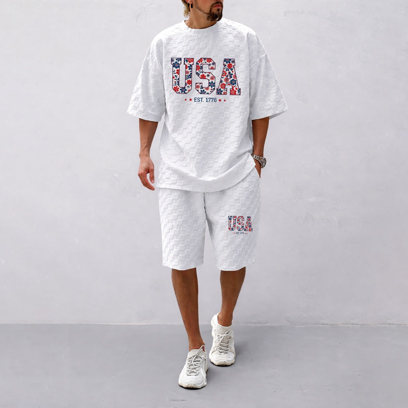 Men's Spring/Summer Drawstring Shorts Set featuring Beverage-Print Plaid Fabric—A casual summer ensemble comprising a short-sleeve shirt and shorts, ideal for both daily wear and athletic activities