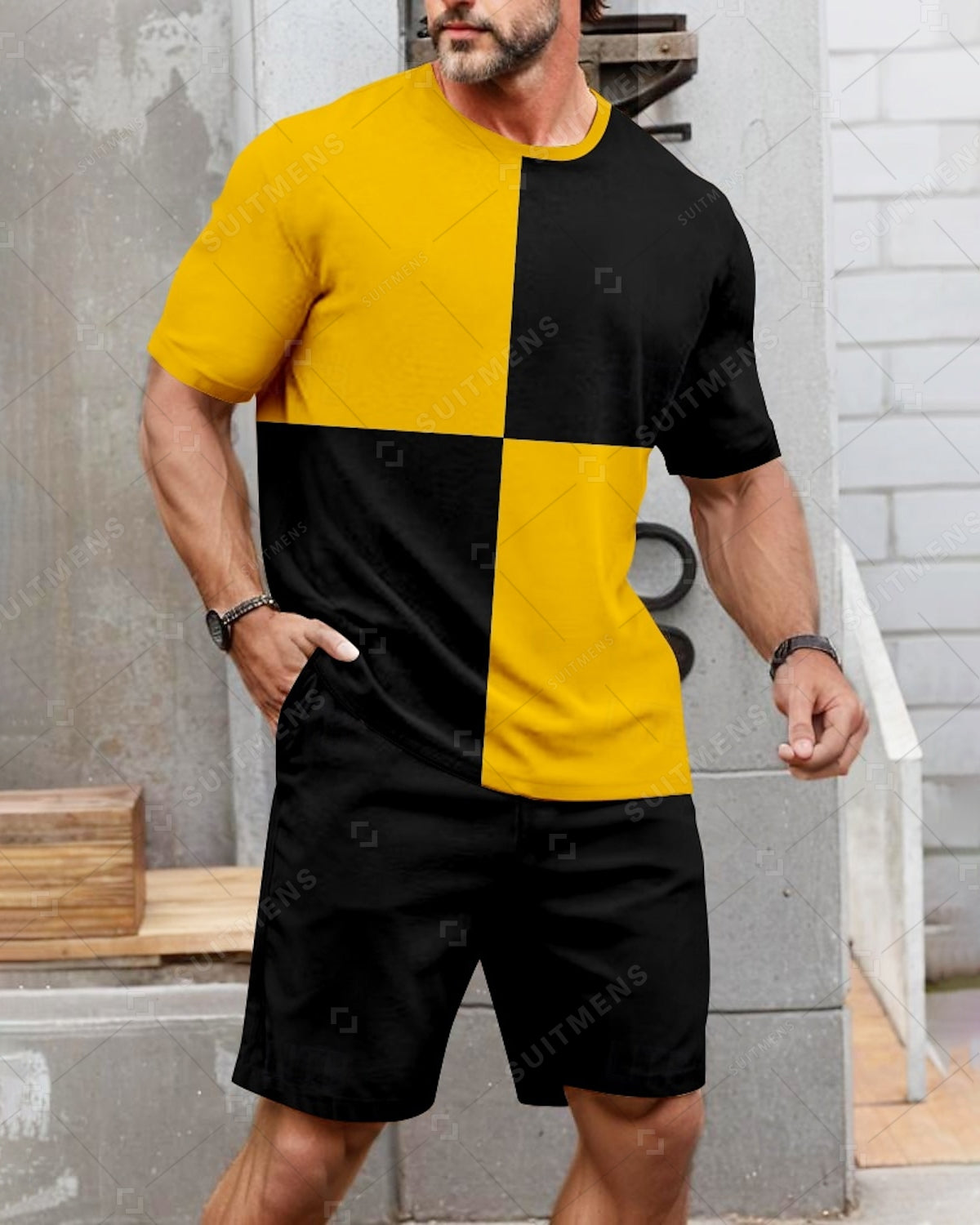 Men's Summer Color Matching Print Round Neck Set 236