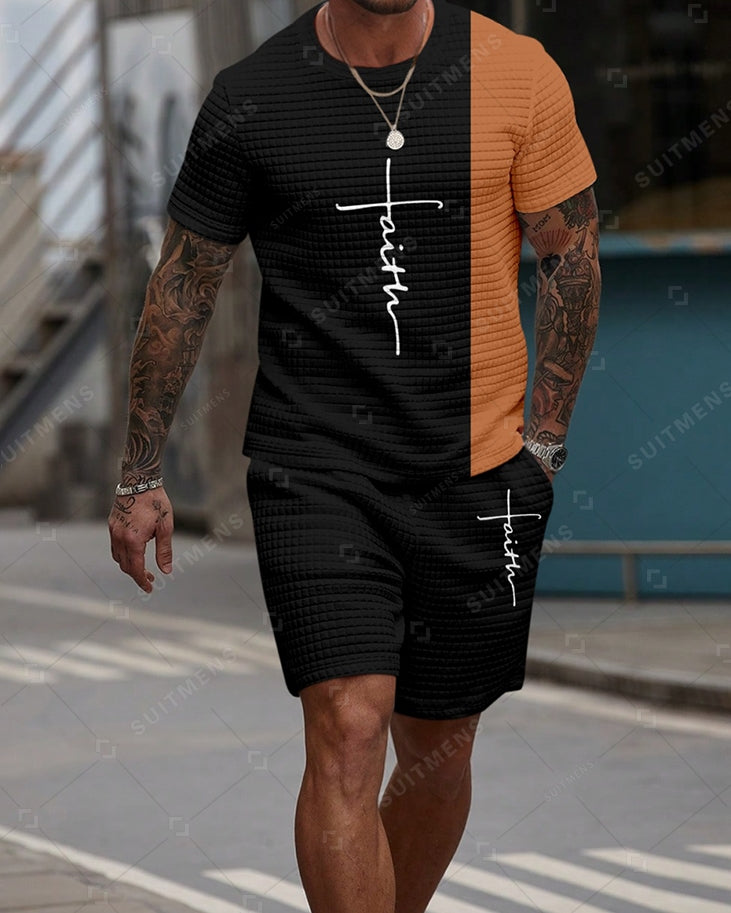 Men's Casual Waffle Textured Summer Round Neck Short Sleeve Shorts Set 0010